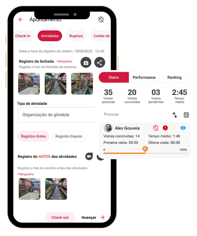 Tela do aplicativo Vidya Promoter com registro de atividades e painel de visitas do dia
