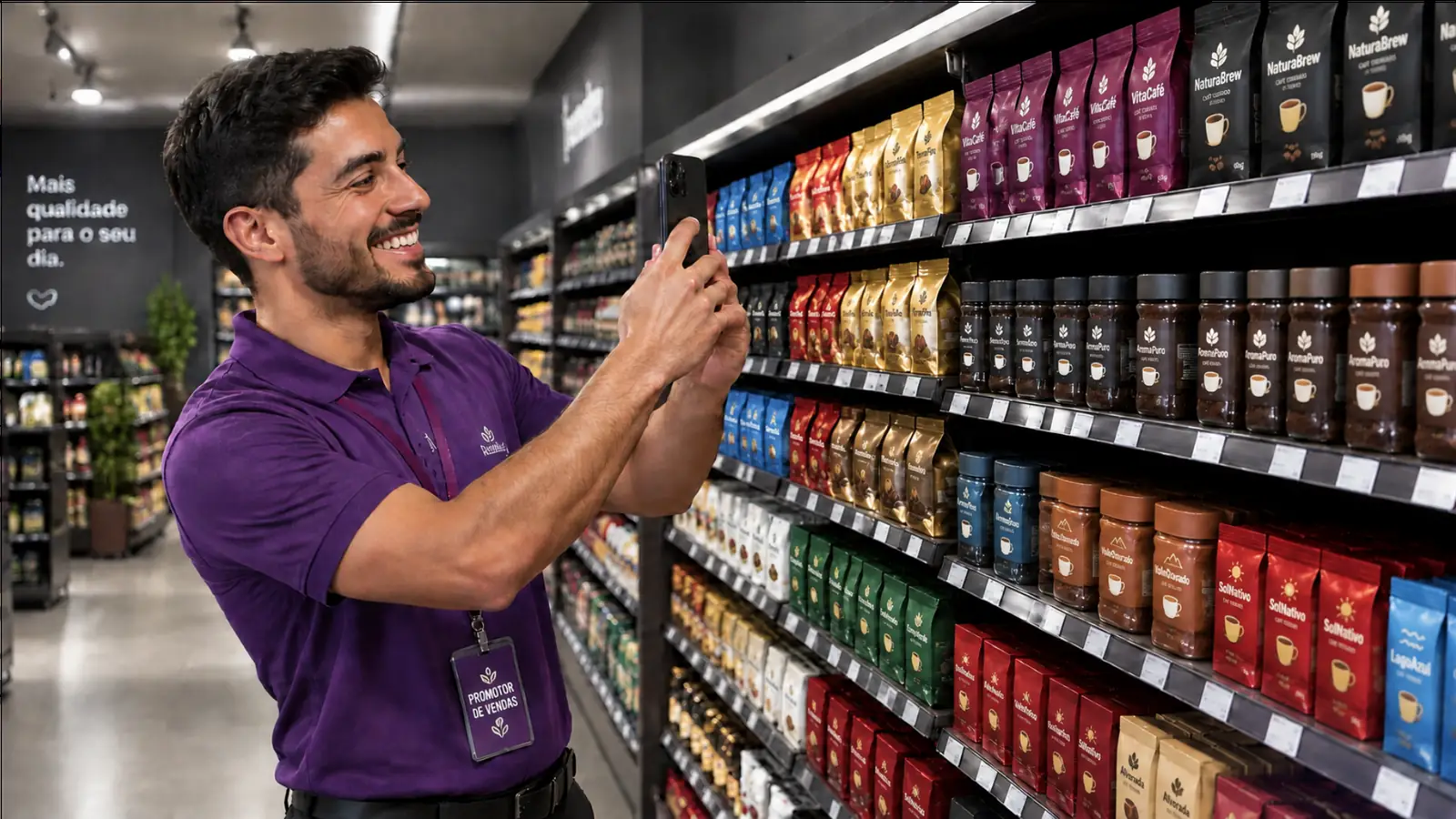 Promotor sorrindo enquanto fotografa a gôndola com o celular em um supermercado