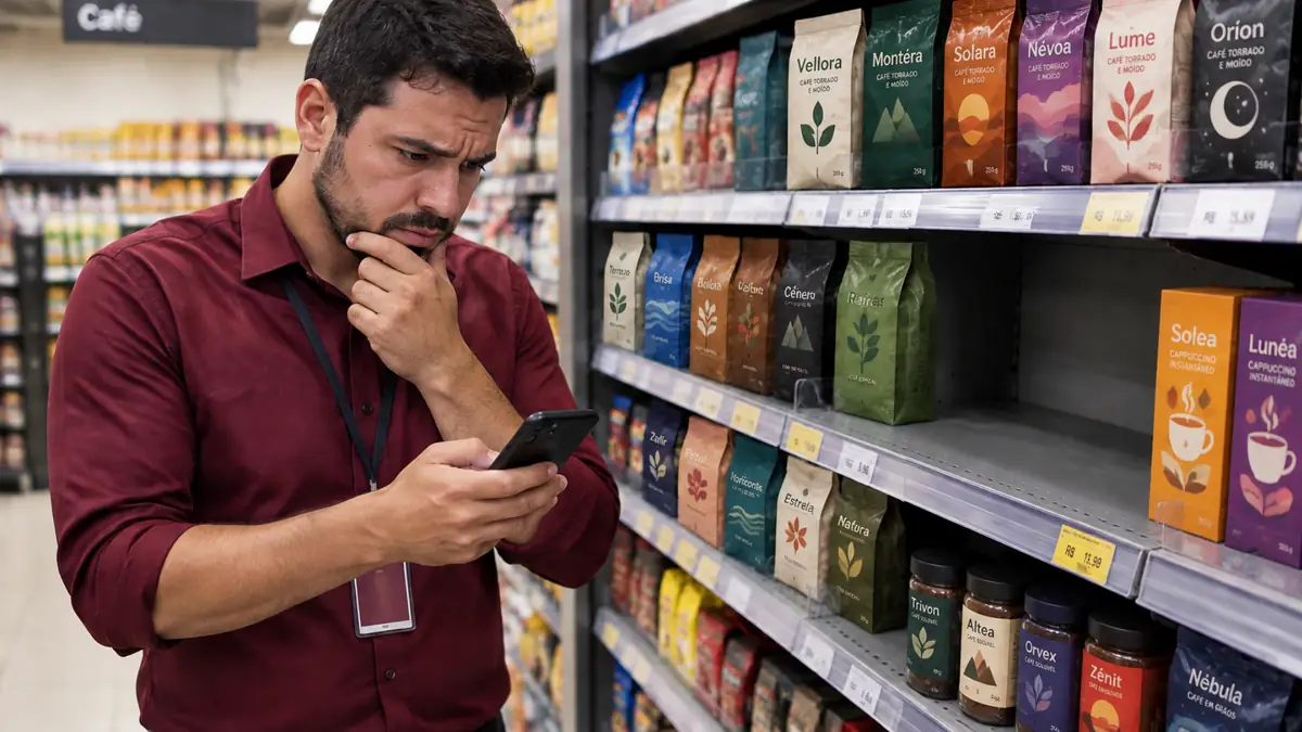 Promotor consultando preços no celular diante de uma gôndola de café