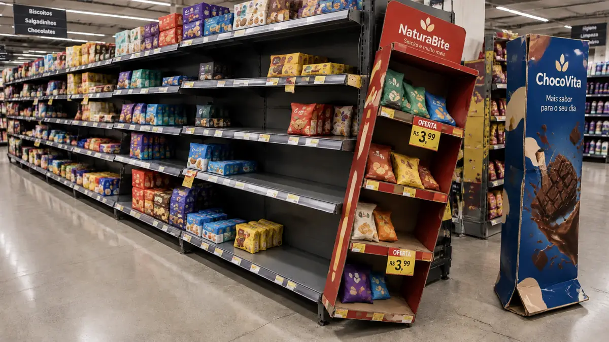 Gôndola de biscoitos com espaços vazios, indicando ruptura de produtos